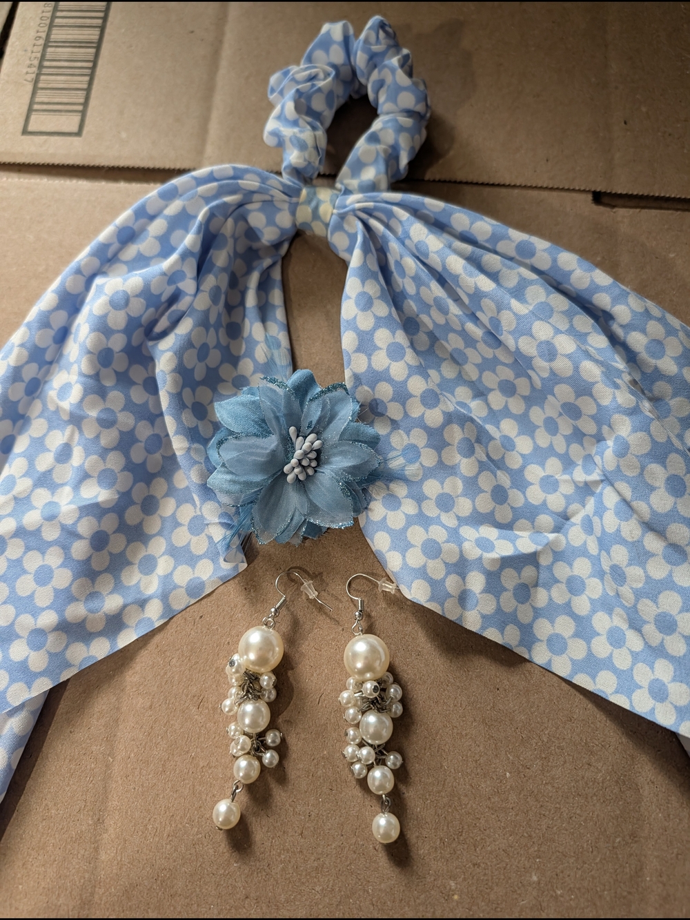 Vintage Blue Floral Scarf Scrunchie with Blue Flower Accent And Pearl Earrings.